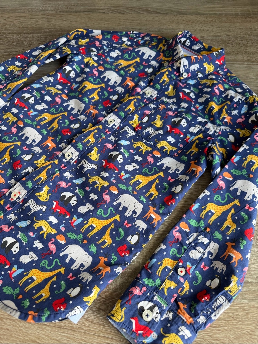 Mini Boden Navy Shirt with Colorful Animal Print 7-8